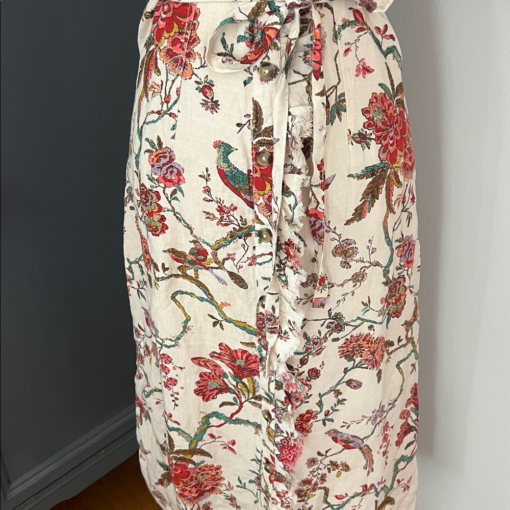 Pilcro by Anthropologie Floral Dress Beige Multi Ruffle Collar Button Lined - Picture 7 of 8